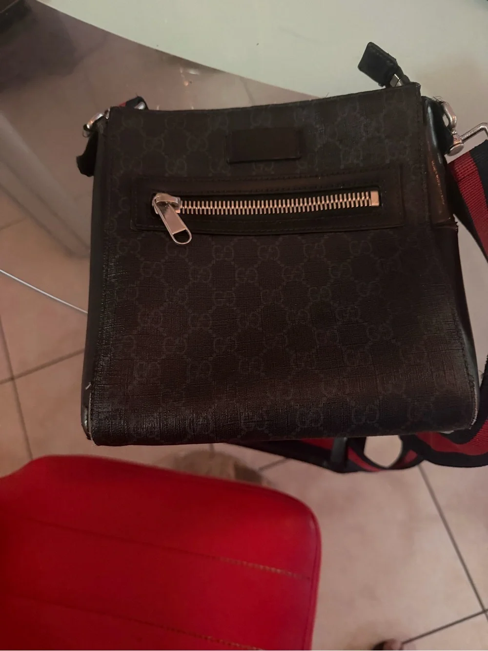 Black Men’s Crossbody Bag with Red-Striped Strap